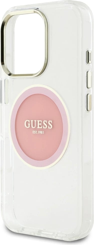 Mbështjellës Guess IML Metal Colored Circle Classic Logo MagSafe për iPhone 16 Pro, Rozë