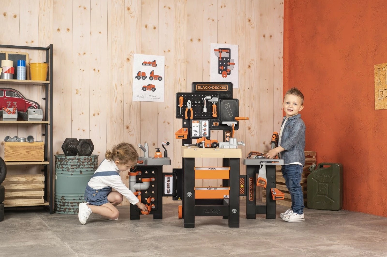 Set lodrash punëtori Smoby Black+Decker Mega Workshop 3-në-1, 100 aksesorë, për fëmijë, e zezë/portokalli/gri/druri