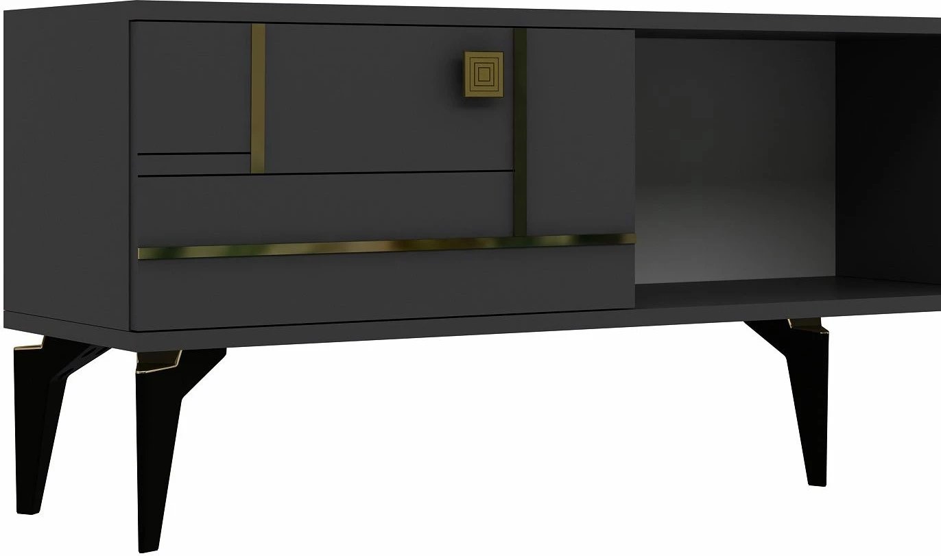 Komodë TV Skye Decor, ngjyrë antracit, detaje ari