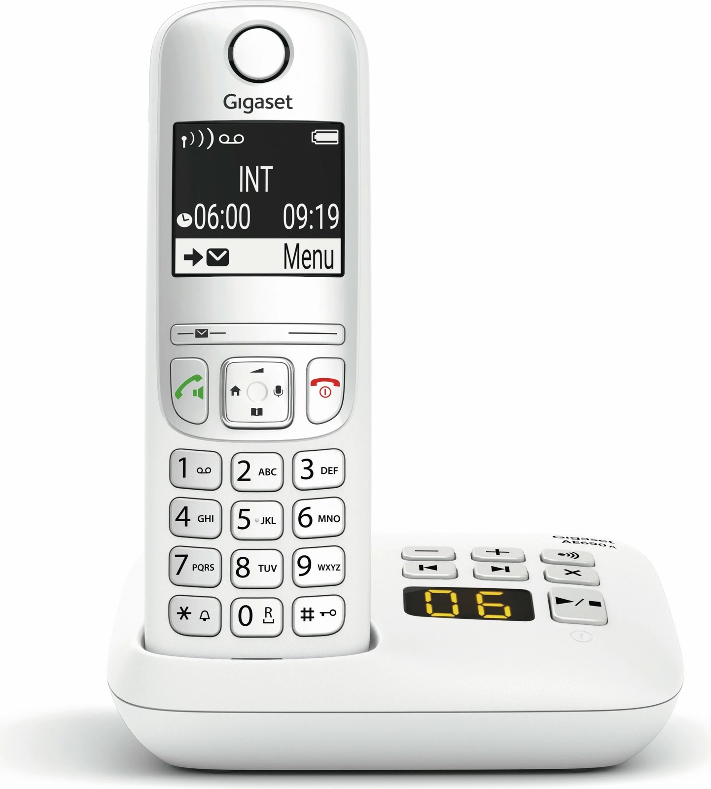 Telefon pa kabllo Gigaset AE690A, analog/DECT, regjistrues thirrjesh, 100 kontakte, i bardhë