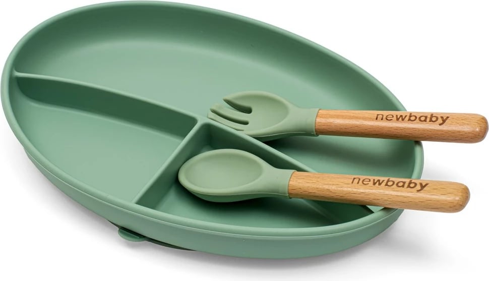 Set ushqimi silikon për fëmijë, New Baby, me pjatë të ndarë me vakum, tas me vakum me doreza, lugë e pirun me dorezë druri, përparëse me xhep, jeshile, set 5-pjesësh