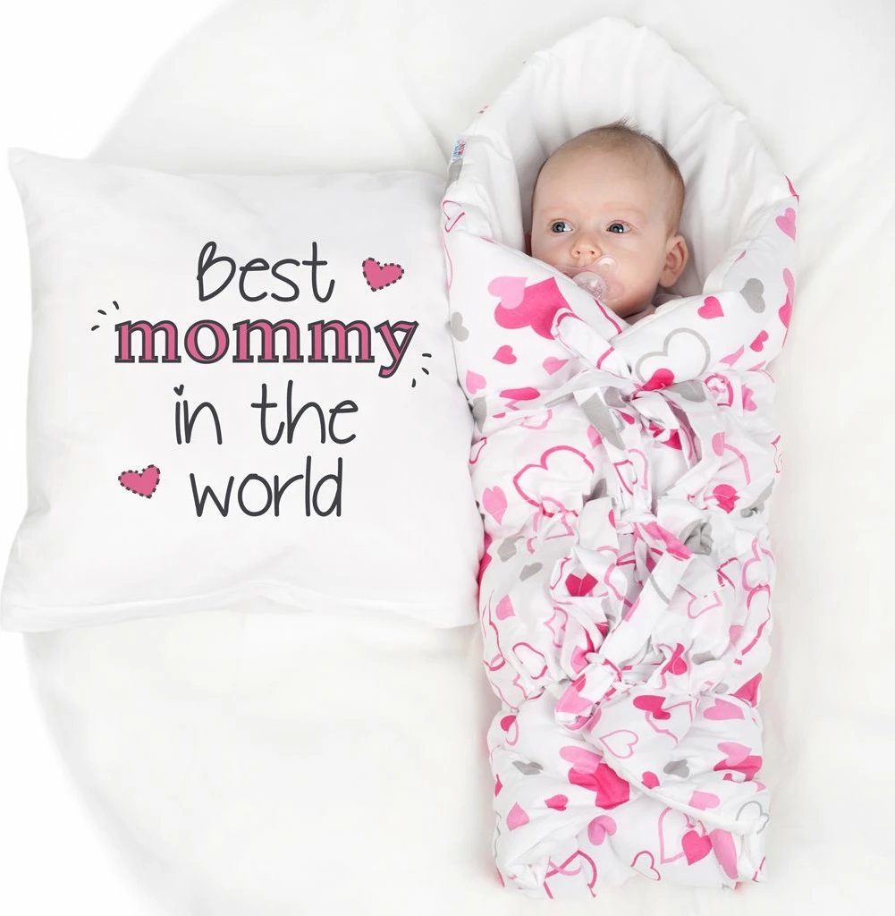 Mbështjellëse për bebe me lidhëse, New Baby, Blue Hearts klasik, 70x70 cm, pambuk 100% me mbushje anti-alergjike, blu