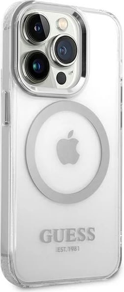 Mbështjellës Guess Metal Outline Magsafe për iPhone 14 Pro Max 6.7", argjendtë/transparente