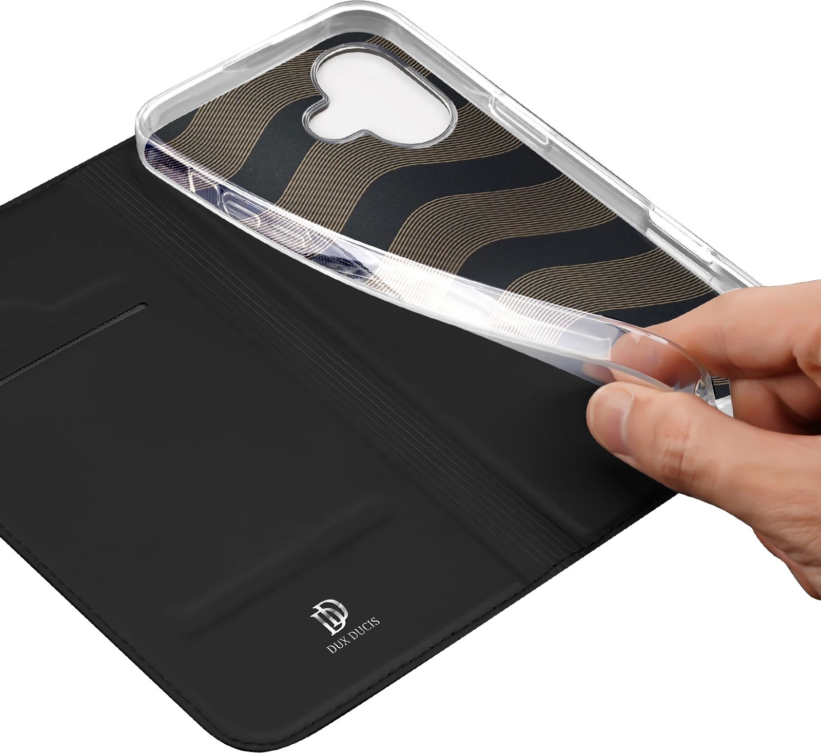 Mbështjellës Dux Ducis Skin Pro për iPhone 16 Plus, me kapak, xhep për kartela, e zezë