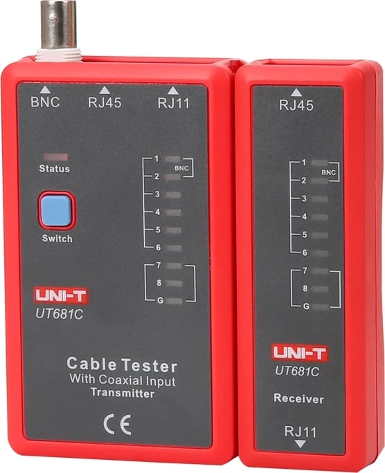 Testues kabllosh UNI-T UT681C RJ45/RJ11/BNC, LED, testim ekranimi, bateri 9V, e kuqe-gri set transmetues+marrës