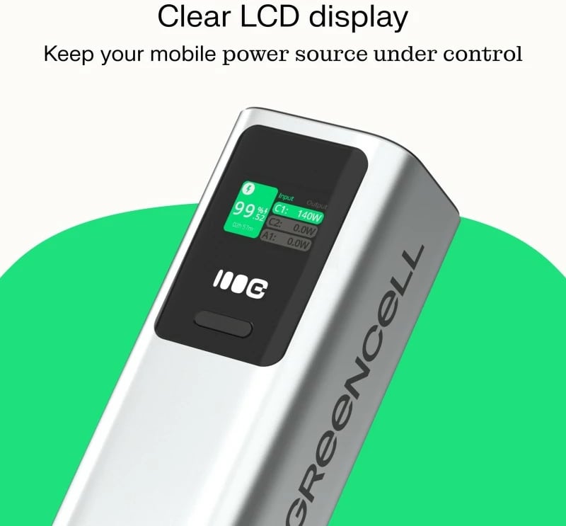 Powerbank, Green Cell, PowerPlay Ultra PBGC25UD, 25200mAh 140W PD, USB-C/USB-A, ekran LCD, argjendtë/zezë, me futrollë dhe kabllo C-C 140W