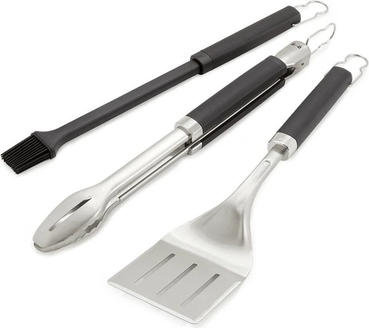 Set aksesorë BBQ Weber 6764, çelik inox, spatulë, pincë, pirun, e zezë