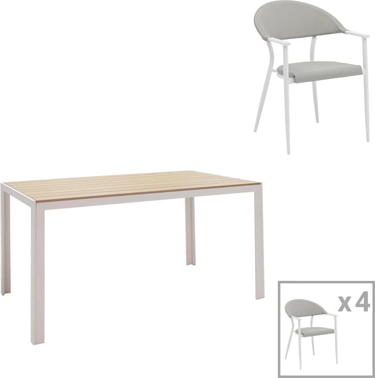 Tavolinë me karrige Nares-Pino A, 5 copë, alumin i bardhë, plywood natyral, 140x80x72.5cm