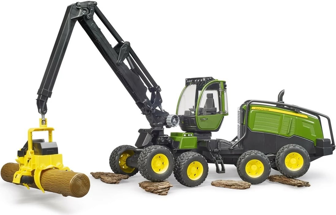 Lodër korrëse pylli BRUDER John Deere 1270G, plastikë, me trung druri, Jeshile/Zezë