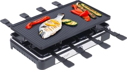 Grill elektrik raclette, Adler AD 6616, 1400W, pjatë 42x23cm, dyanshe jo-ngjitëse, 8 tiganë + 8 shpatulla druri, e zezë