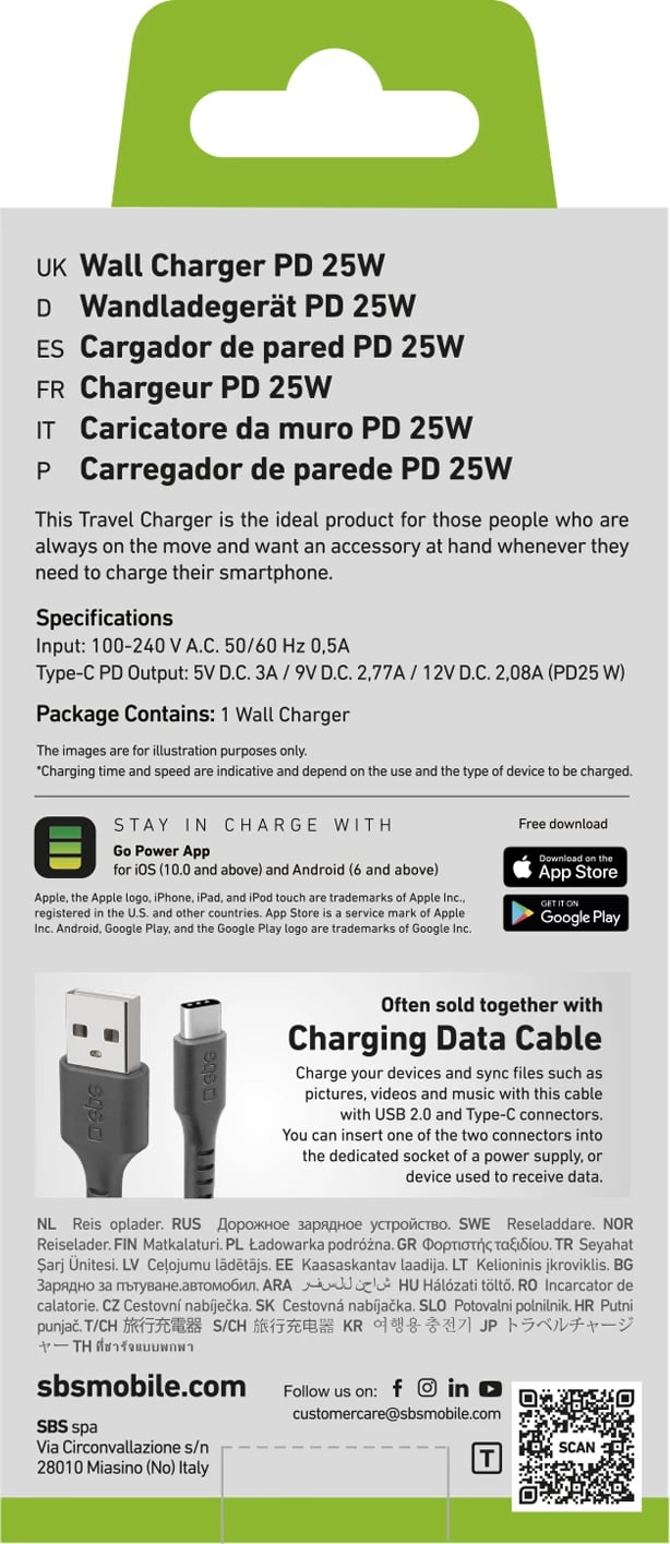 Karikues muri SBS TETR1CPD25, 25W, USB-C, Power Delivery, i zi