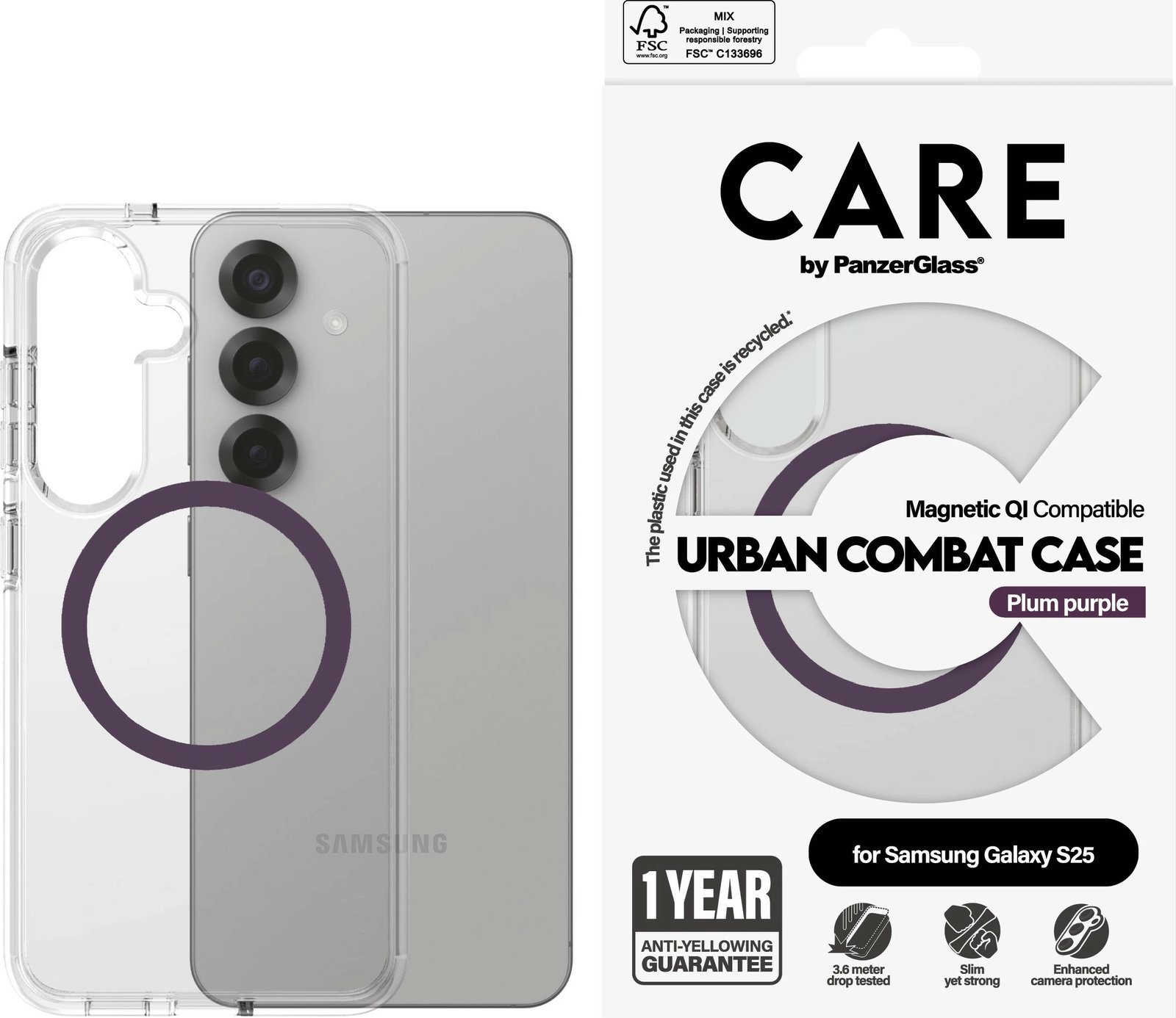 Mbështjellës PanzerGlass CARE Flagship Case Clear Combat, Galaxy S25, transparent, plum purple