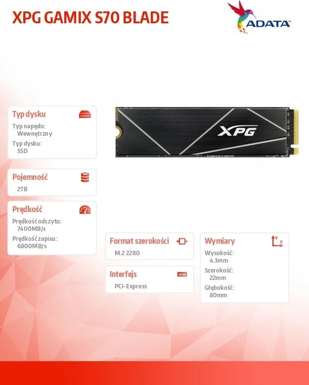 SSD M.2 Adata XPG GAMMIX S70 BLADE 2TB PCIe 4.0