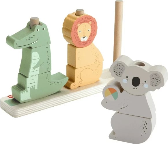 Lodër druri Fisher Price HXV04, kafshë për renditje dhe vendosje, shumëngjyrëshe, set me 10 pjesë