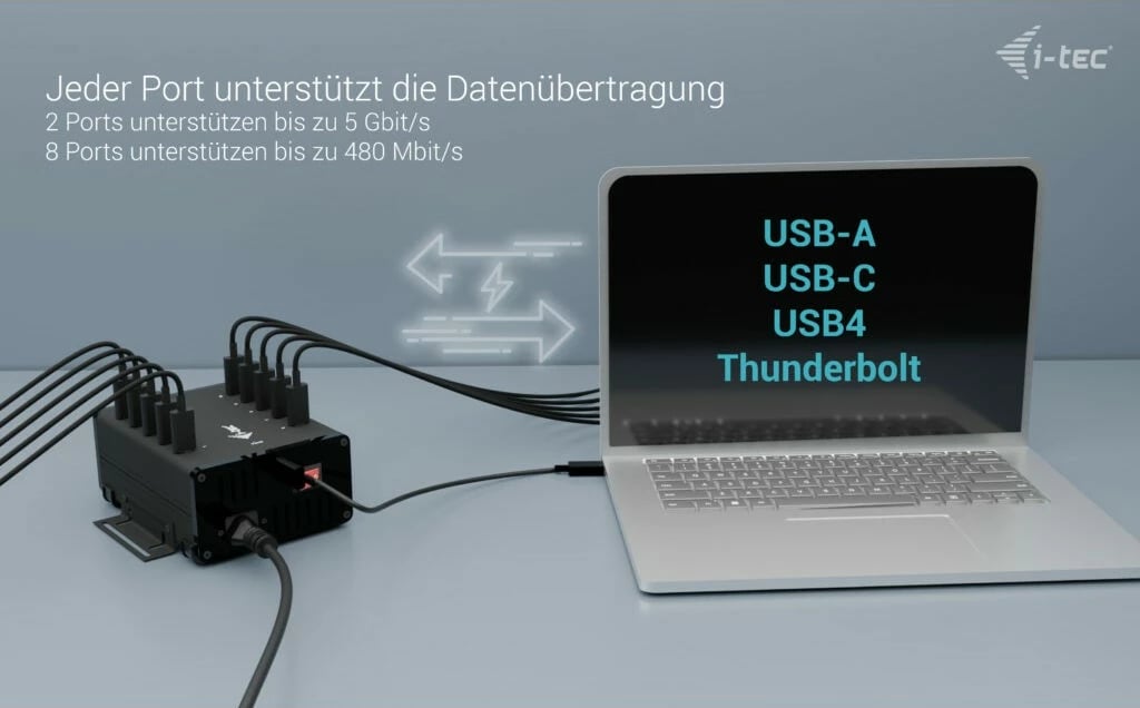 HUB USB-C I-Tec, 10 porta, 15W për portë, Plug & Play, i zi