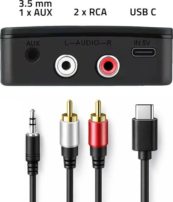 Transmetues/Marrës audio Bluetooth, Qoltec 56981, Bluetooth 6.0, NFC, 2 x RCA dhe 1 x AUX 3.5 mm, mikrofon, USB 5V, e zezë