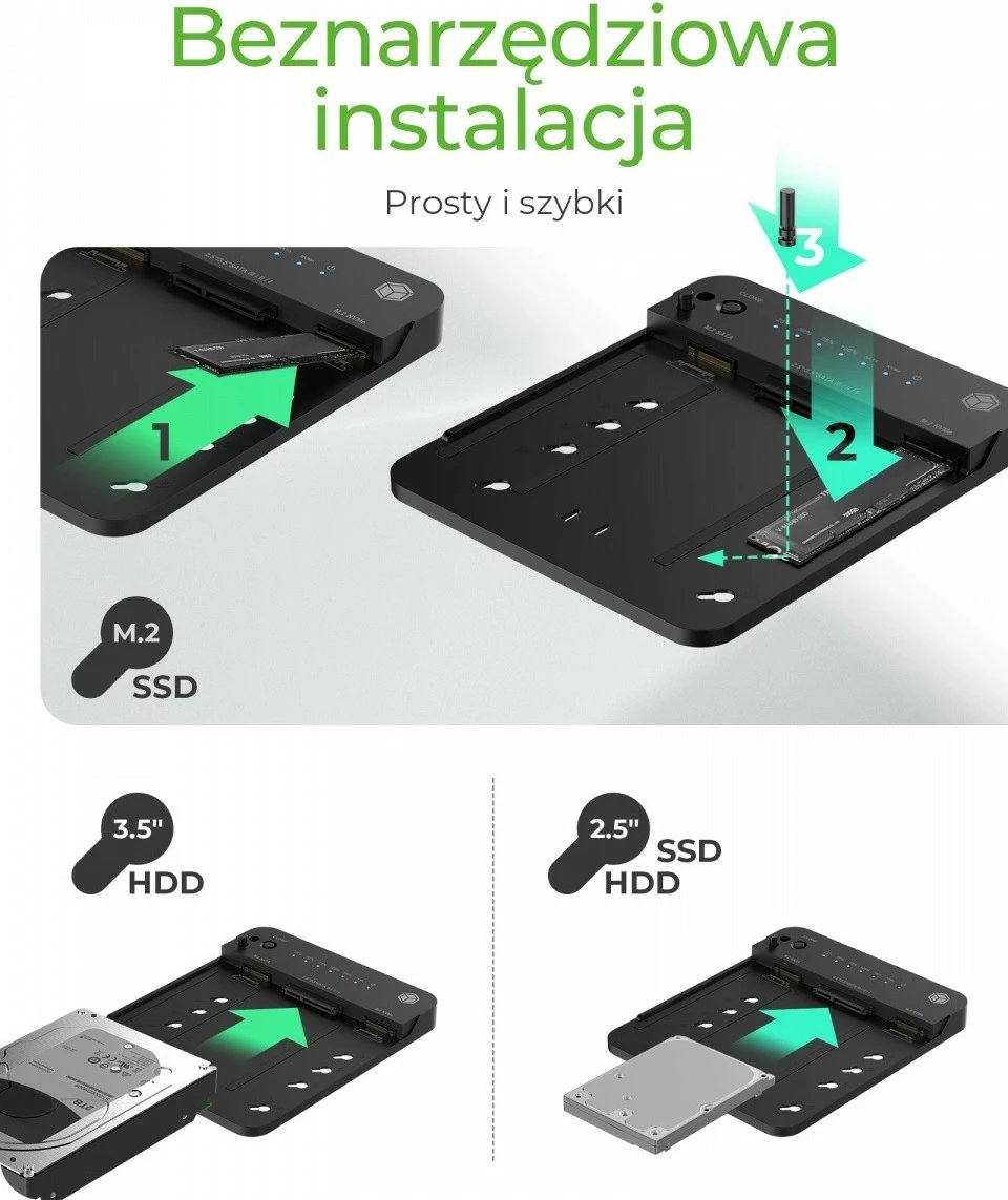 Stacion docking dhe klonimi IcyBox IB-2915MSCL-C31 për SSD/HDD M.2 NVMe, SATA 2.5''/3.5'', i zi