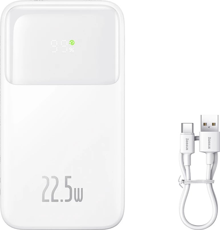 Powerbank Baseus Comet Series PPMD020002, 10000mAh, 22.5W, me ekran, me kabllo USB-C dhe Lightning, e bardhë