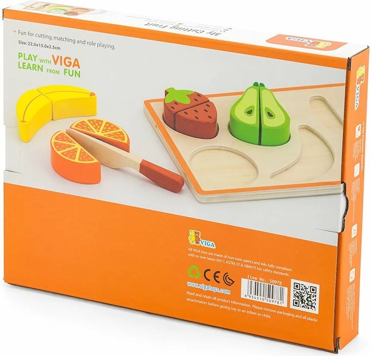 Set prerës druri, Viga Fruit, me fruta me Velcro, për 18+ muaj, 22 x 15 x 2.5 cm, shumëngjyrësh, set