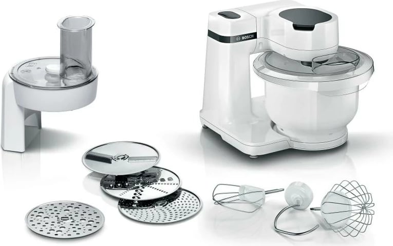 Robot kuzhine Bosch MUMS2AW01 Series 2, 4 shpejtësi, miksim 3D, set pastiçerie, aksesorë të larshëm në pjatalarëse, e bardhë