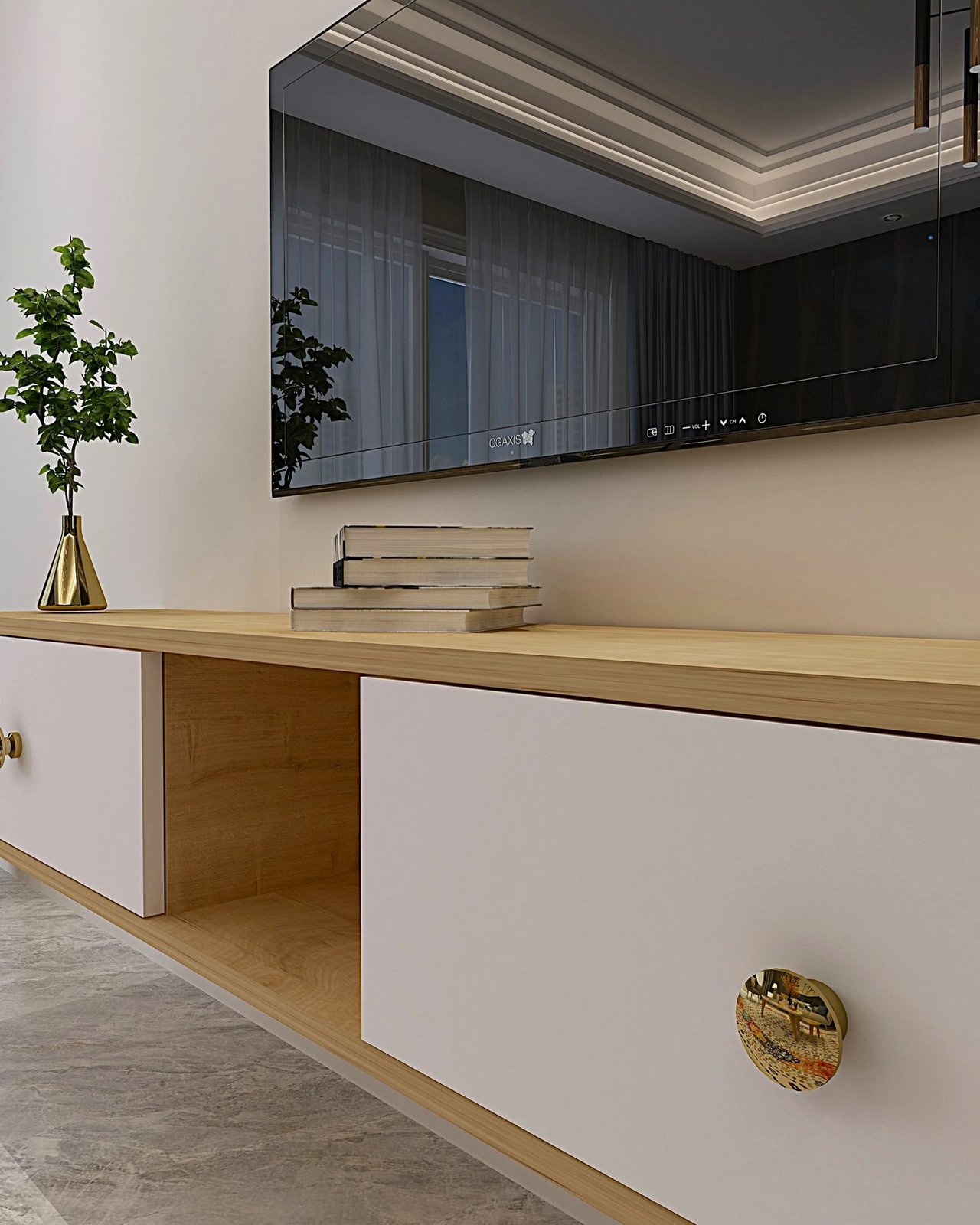 Komodë TV Skye Decor, Zuzu 150, ngjyrë lis safir, e bardhë