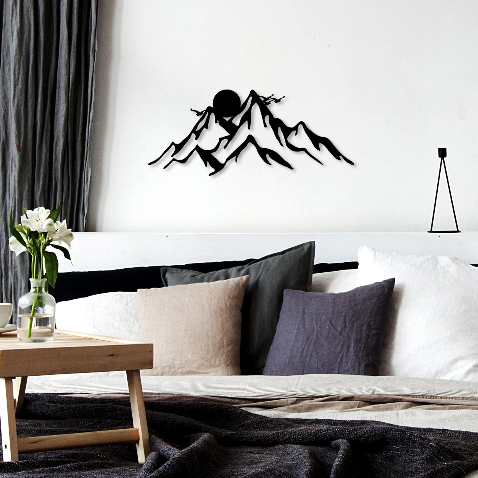 Aksesor dekorativ metalik për mur, motiv mali, Wallity, ngjyrë e zezë, 50x21cm