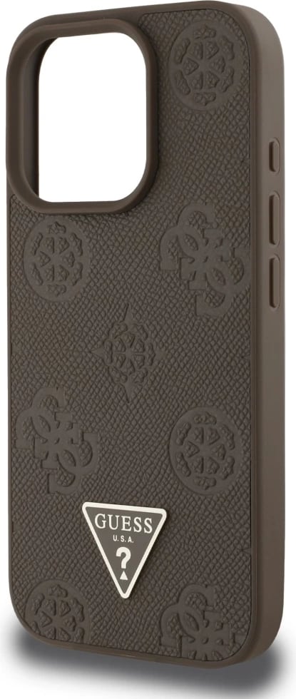 Mbështjellës Guess Grained Hot Stamp Peony Triangle Logo MagSafe për iPhone 16 Pro, Kafe