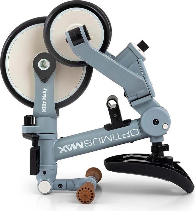 tricikël 5‑në‑1 me dorezë prindi, Milly Mally, Optimus Max, rrota shkumë, sedile e rregullueshme, 12–36 muaj, blu denim