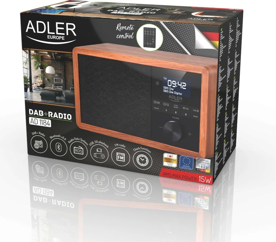 Radio Adler AD1184 me Bluetooth, USB, DAB+, ngjyrë dru