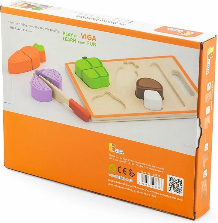 Set lojërash prerjeje prej druri, Viga Vegetables, me dërrasë dhe thikë, perime me Velcro, 22x15 cm, shumëngjyrësh
