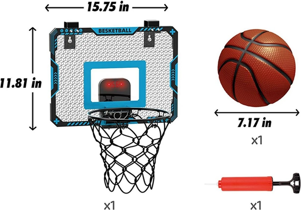 Set basketbolli Madej 011790 me tabelë 40x30cm, top 18cm, pompë, elektronik, zi/blu