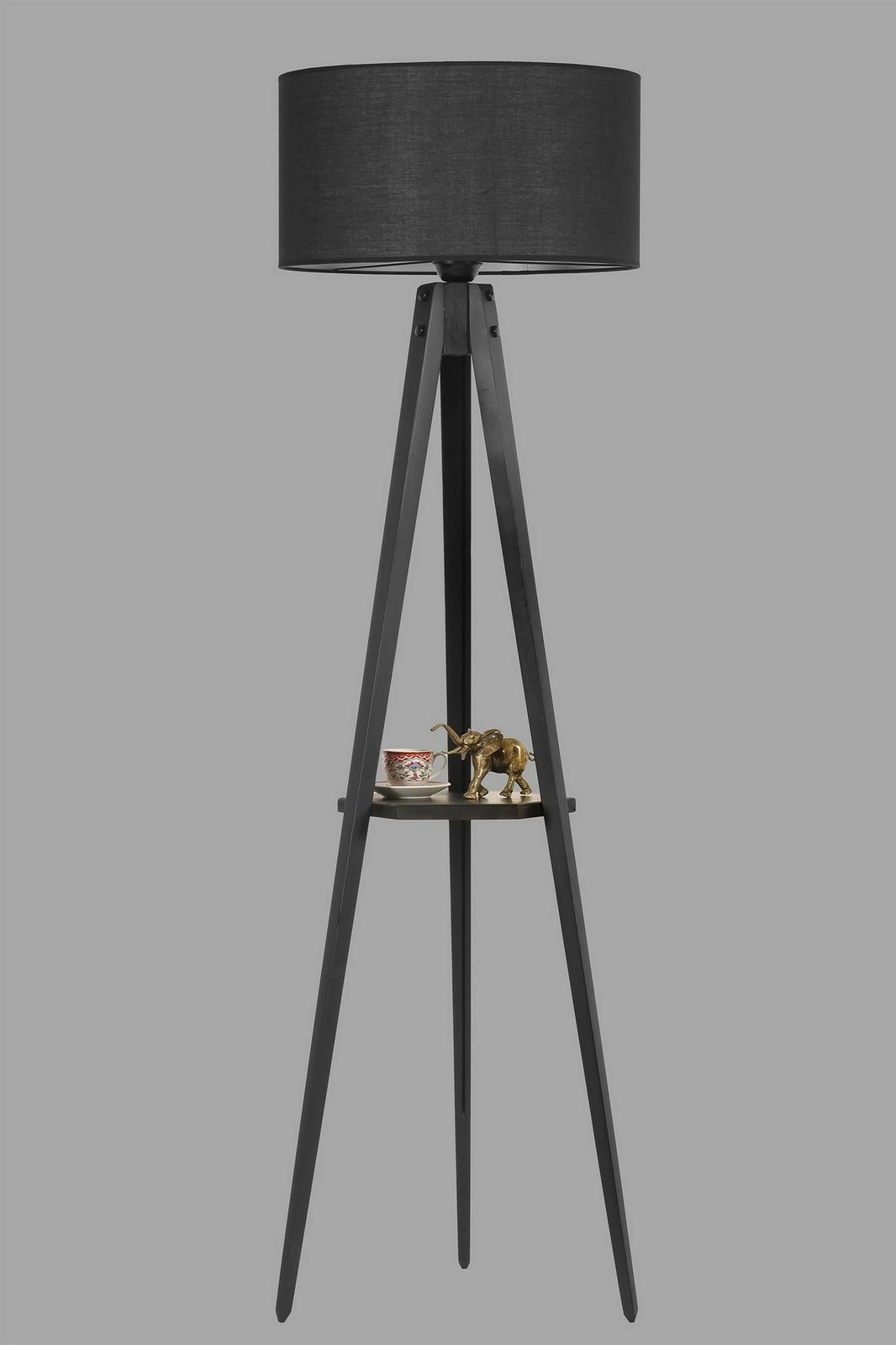 Llambë dyshemeje Opviq, tripod me rafte, abazhuri cilindrik i zi