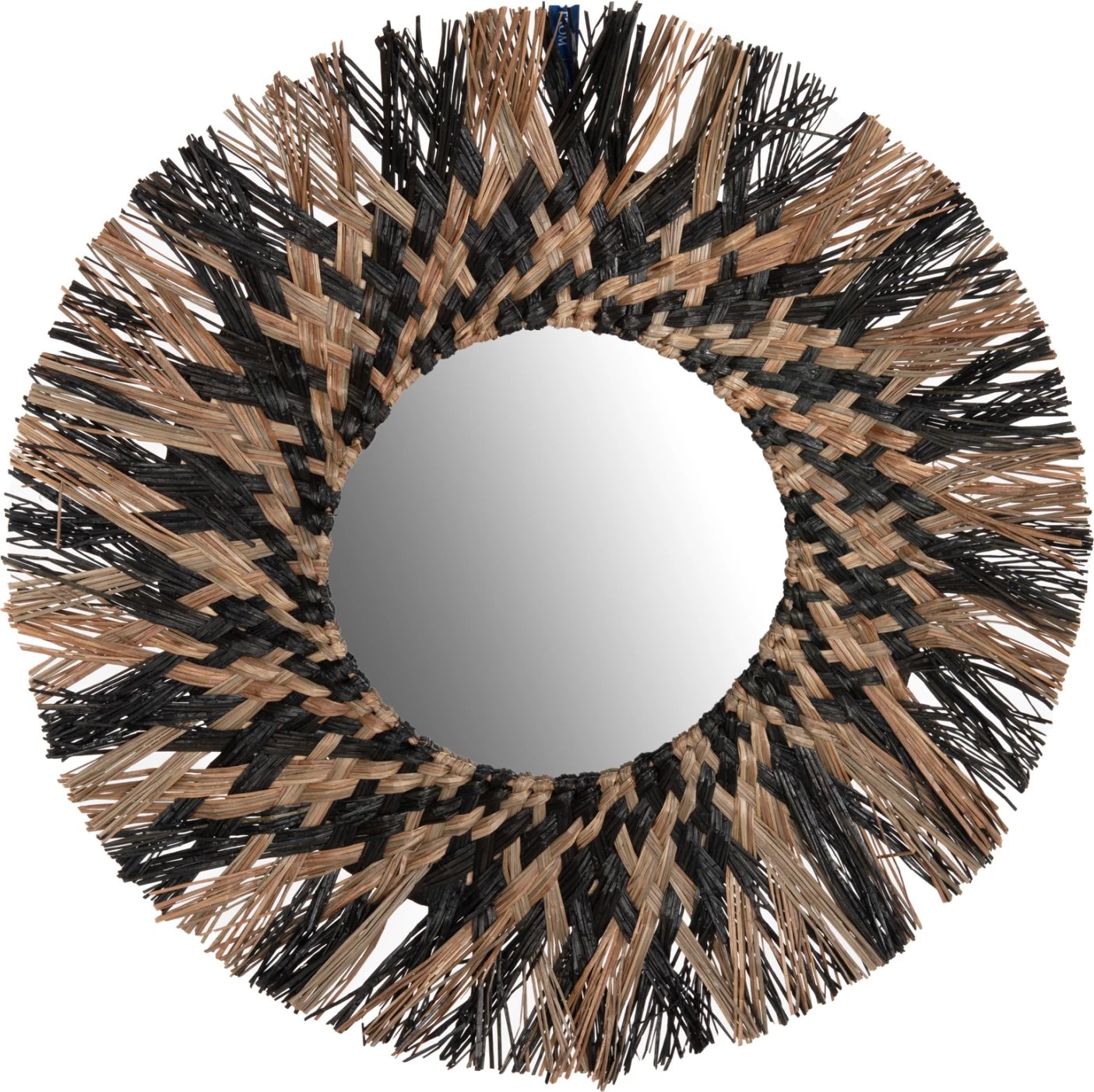 Pasqyrë muri e rrumbullakët, FH7833, kornizë e thurur nga bari Mendong, ngjyrë e zezë dhe natyrale, Φ70 cm