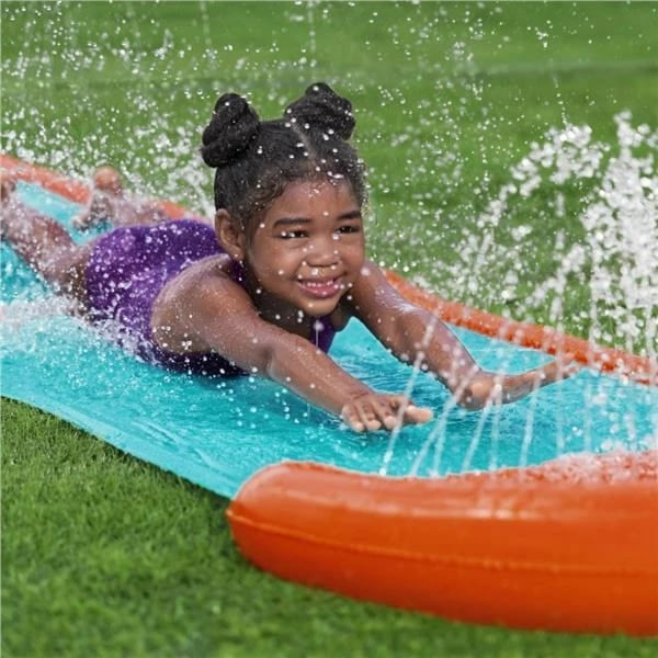 Rrëshqitëse uji fëmijësh me spërkatës, Bestway H2OGO! StompBlast 4.88 m, një korsi, lidhet me zorrë kopshti, blu, me arnpallë riparimi
