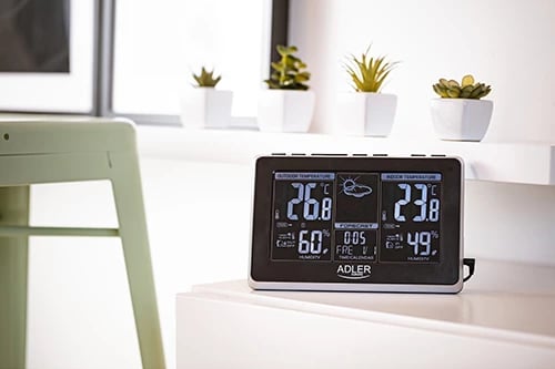 Stacion moti, Adler, AD 1175, ekran LCD i bardhë, matje temperaturë/lagështi brenda & jashtë, parashikim moti, alarme x2, sinjalizim temperature x2, sondë e jashtme 433.99 MHz, zi/argjendtë