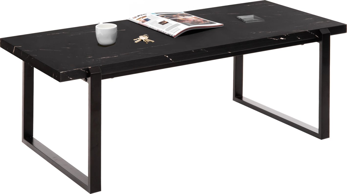 Tavolinë kafeje, FH9585.01, sipërfaqe tavoline MDF, ngjyrë mermeri të zi, bazë metalike e zezë, 120x60x46H cm