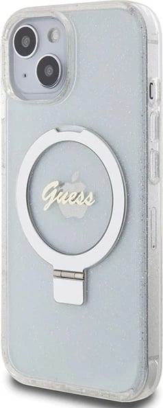 Mbështjellës Guess Ring Stand Script Glitter MagSafe për iPhone 15/14/13, transparent
