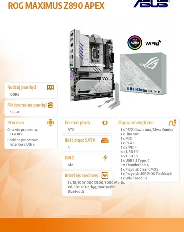 Pllakë amë, Asus ROG Maximus Z890 Apex, LGA1851, Intel Z890, ATX, 2x DDR5, PCIe 5.0 x16, Thunderbolt 4, Wi‑Fi 7, argjendtë gri