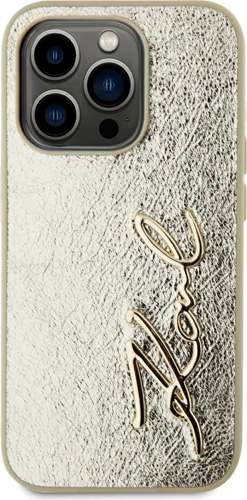 Mbështjellës Karl Lagerfeld Wrinkled Metal Signature për iPhone 15 Pro Max, Gold