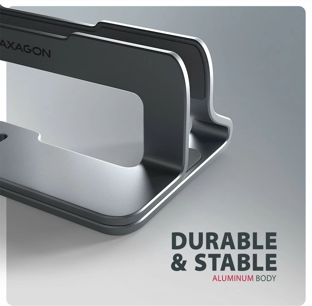 Mbajtës vertikal për laptop/tablet, AXAGON STND-VG, 10–17.3", alumini, gjerësi e rregullueshme 9.5–25.5 mm, gri