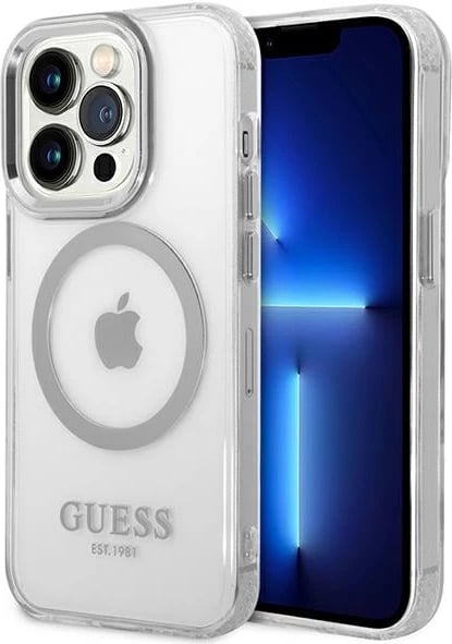 Mbështjellës Guess Metal Outline Magsafe për iPhone 14 Pro Max 6.7", argjendtë/transparente