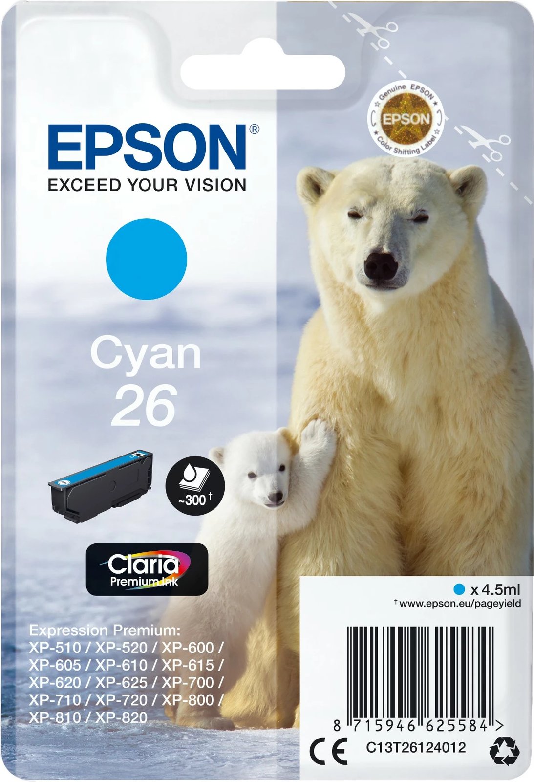 Bojë Epson Polar bear Singlepack Cyan 26 Claria Premium, Standard Yield, 4.5 ml