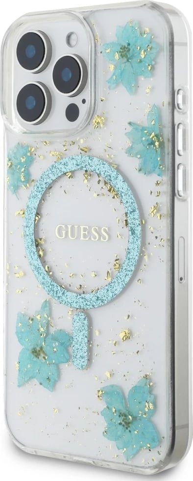 Mbështjellës Guess Resin Flowers Glitter MagSafe për iPhone 16 Pro, Transparent/Turkeze