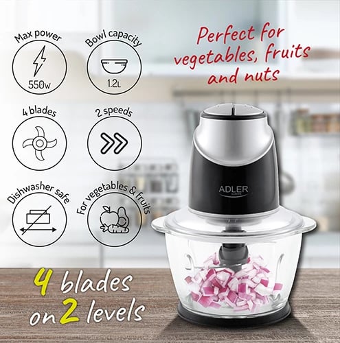 Grirës kuzhine, Adler AD 4082, tas qelqi 1.2L, 4 tehe inoksi, 2 shpejtësi, 300W