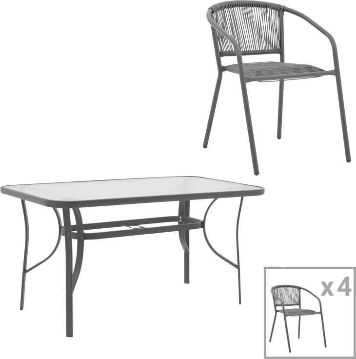 Tavolinë me karrige Ensure-Lindaria, metal-xham, ngjyrë anthracite, 5 copë, 140x80x70cm