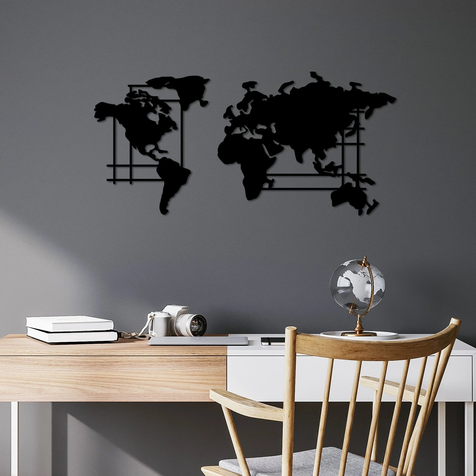 Aksesor dekorativ metalik për mur, hartë bote, Wallity, ngjyrë e zezë, madhësia M