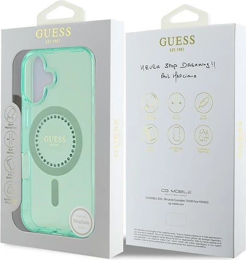 Mbështjellës Guess MagSafe për iPhone 16 Plus, i gjelbër, me rhinestones Mbështjellës Guess MagSafe për iPhone 16 Plus, i gjelbër, me rhinestones