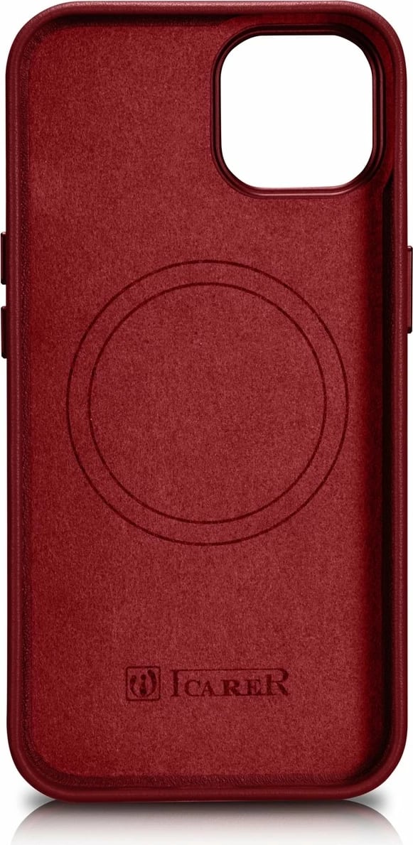 Mbështjellës iCarer për iPhone 14 Plus, lëkurë natyrale, MagSafe, Kuq