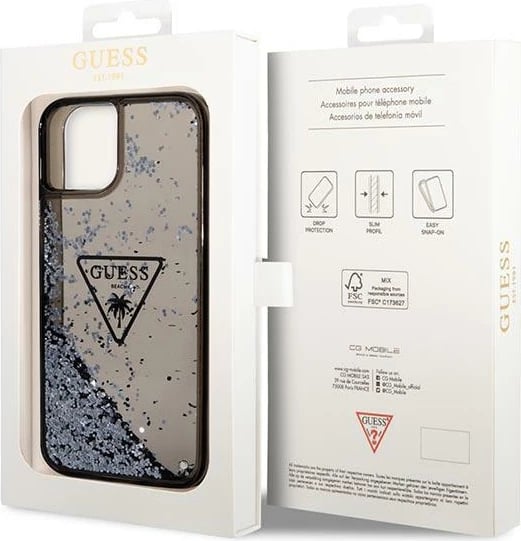 Mbështjellës Guess GUHCP14MLFCTPK për iPhone 14 Plus 6.7", Liquid Glitter Palm, i zi