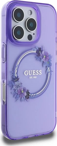 Mbështjellës Guess IML Flowers Wreath MagSafe për iPhone 16 Pro, Vjollcë